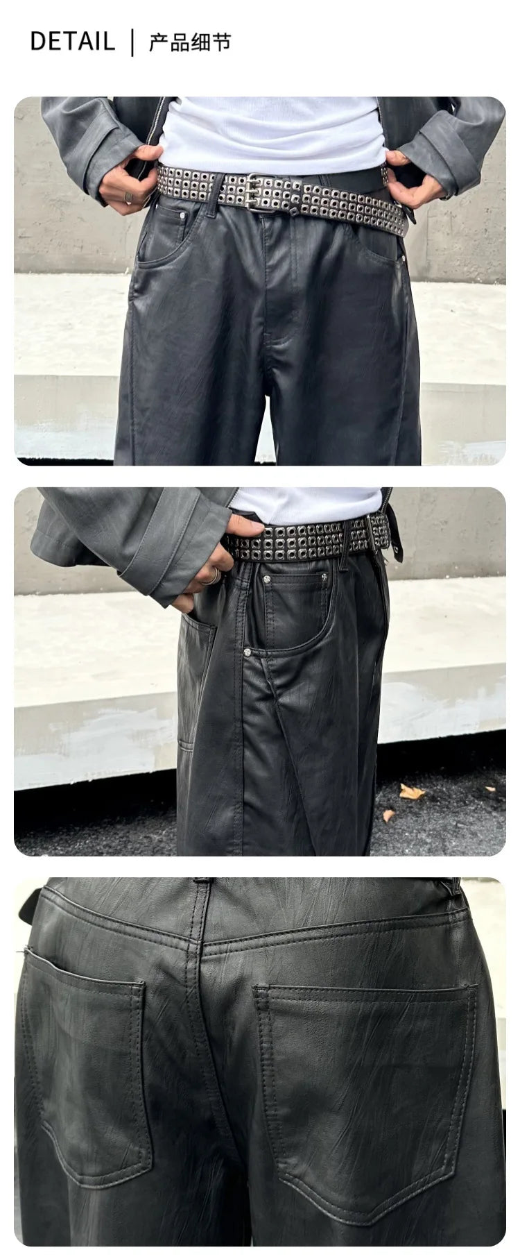 men streetwear fashion hip hop loose casual wide leg leather baggy motorcycle pant cityboy cargo pants trousers unique cargo style 2460