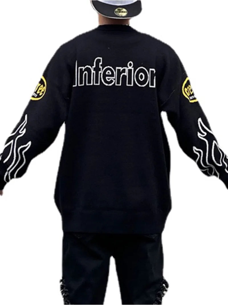Hip Hop Knitted Sweater Men Letter Fire Pattern O-neck Pullover Streetwear Casual Loose Sweater Unisex Harajuku Jumpers Knitwear Street King Limited