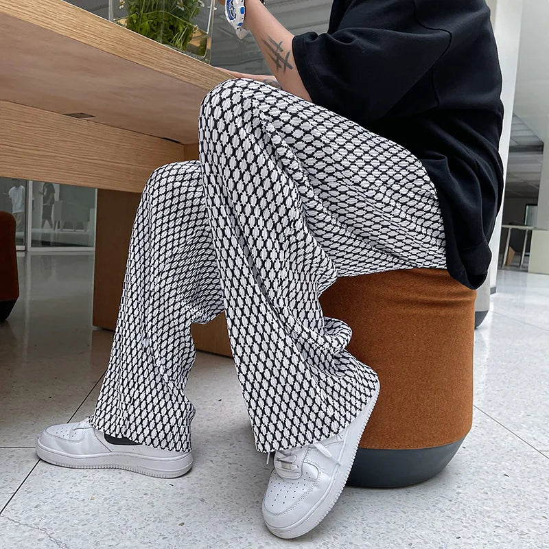 Summer Ice Silk Pants Men Oversized Retro Plaid Pants Men Japanese Streetwear Loose Wide Leg Pants Mens Pleated Trousers M-5XL Street King Limited