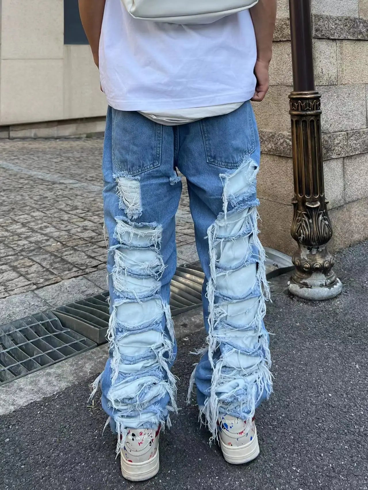 fashion destroyed ripped tassel holes denim jean pants mens casual loose straight baggy y2k jeans hip hop streetwear joggers unique joggers style 4488