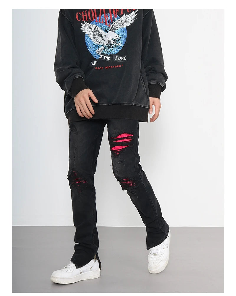 knee ripped patchwork jeans for men hip hop skinny biker taped jean trouser slim fit black denim pants fashion streetwear jogger unique joggers style 2009