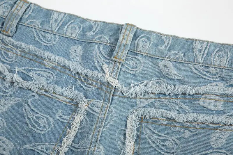 vintage high street washed light blue flared jeans cashew flower jacquard pattern rough edge jeans pants for men and women unique jeans style 933