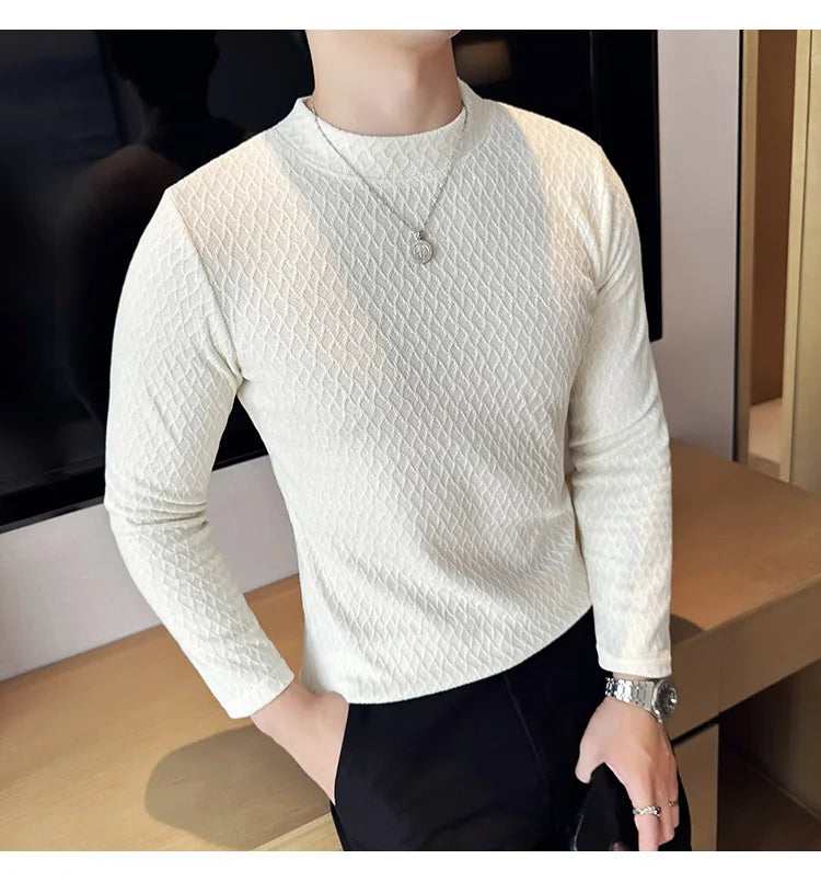 Autumn Winter Semi-turtleneck Stretch Slim Fit Long Sleeve Tshirt Men Thicken Velvet Jacquard Casual T-shirt Bottom T Shirt Street King Limited