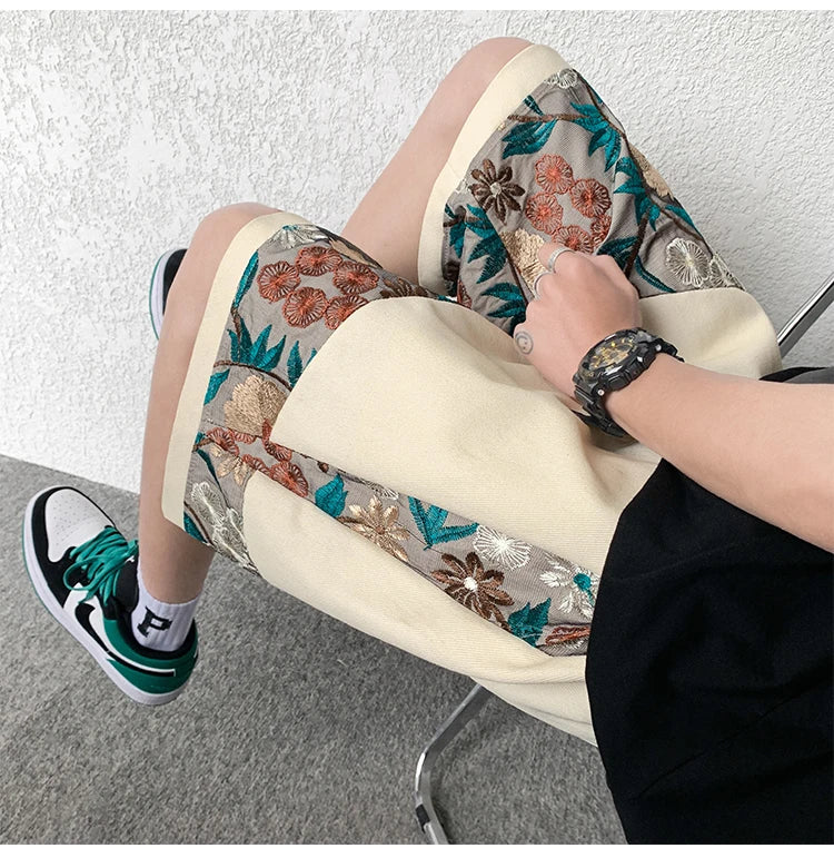 Summer Embroidery Shorts Men Fashion Casual Flower Shorts Mens Japanese Streetwear Loose Hip-hop Straight Shorts Men Plus Size Street King Limited
