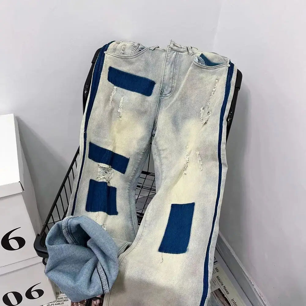 men and women trendy high street retro washed ripped color blocked jeans summer hip hop loose straight leg casual pants y2k urban skinny jeans