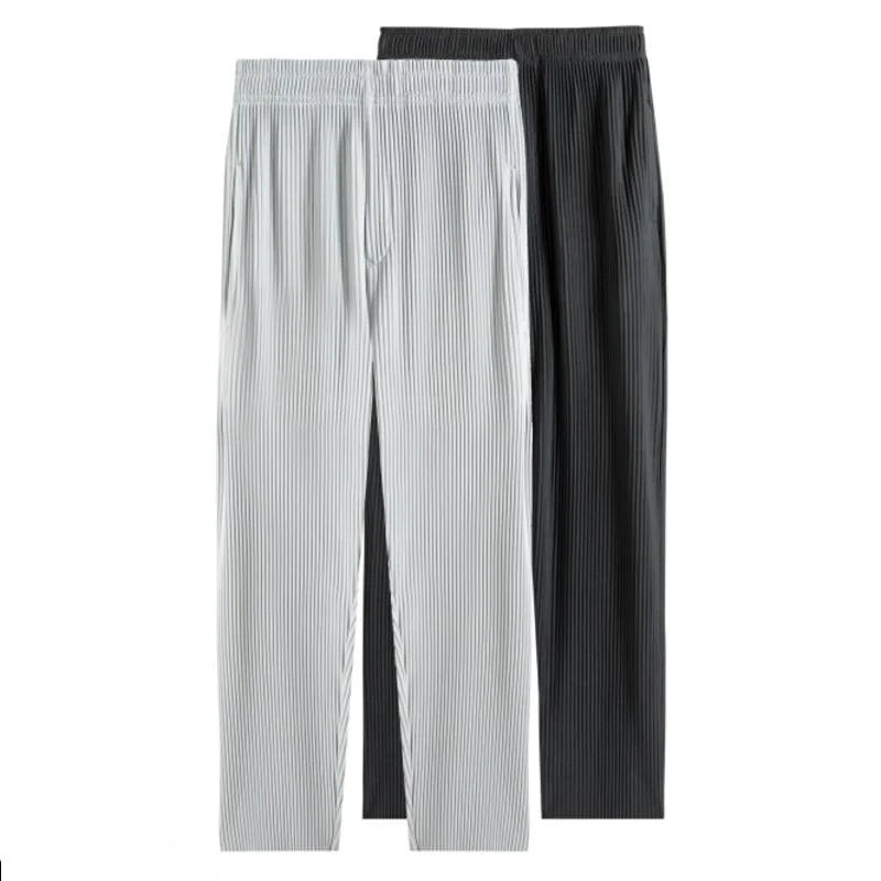 Summer Pleated Pants Men Fashion Gray Black Casual Pants Men Japanese Streetwear Loose Straight Ice Silk Pants Mens Trousers Street King Limited
