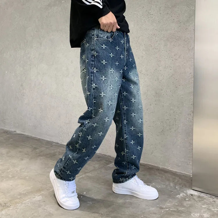 autumn winter new trendy brand jacquard jeans men high street hiphop casual fashion loose denim jeans pants boyfriend trousers unique jeans style 2833