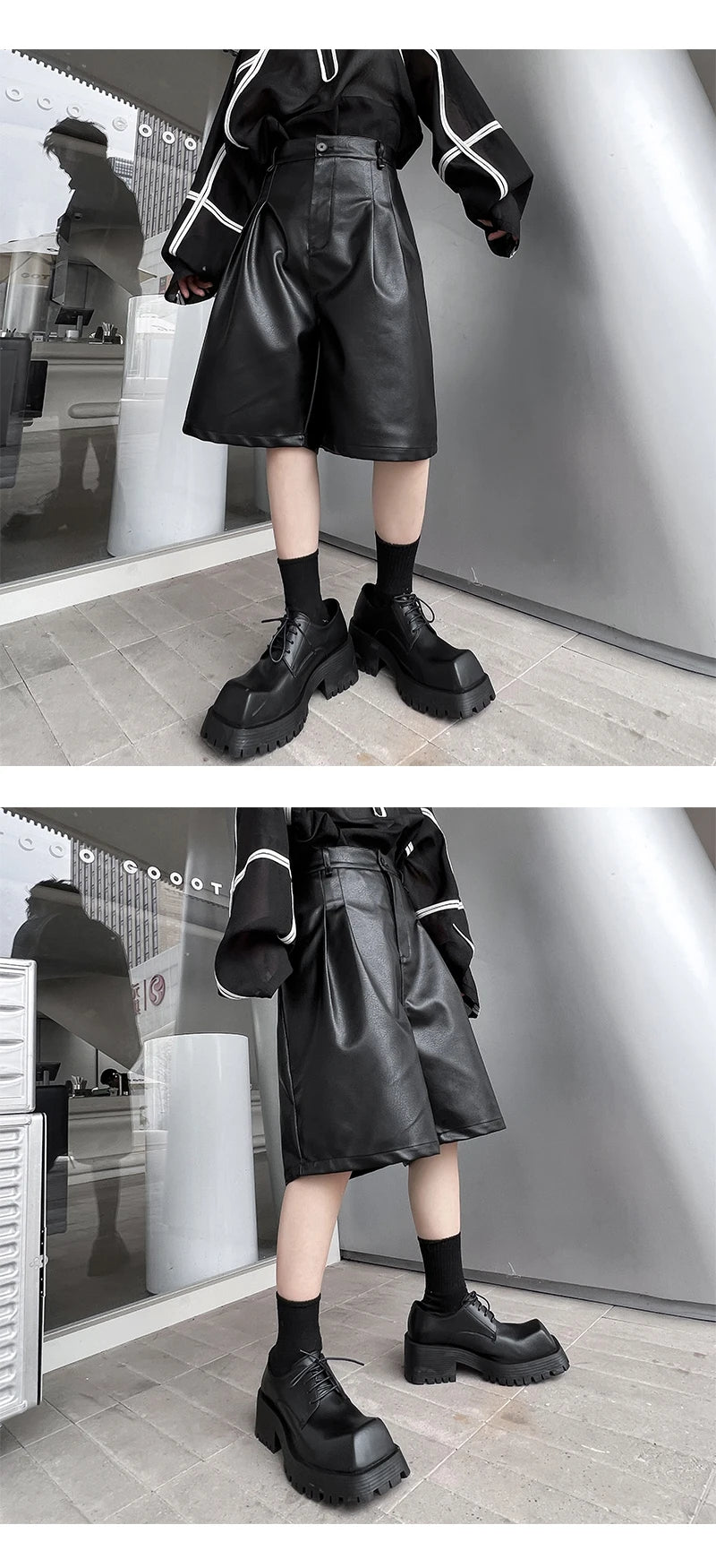 men japanses korean streetwear fashion hip hop loose casual dark black wide leg leather shorts male short pant unique shorts style 915