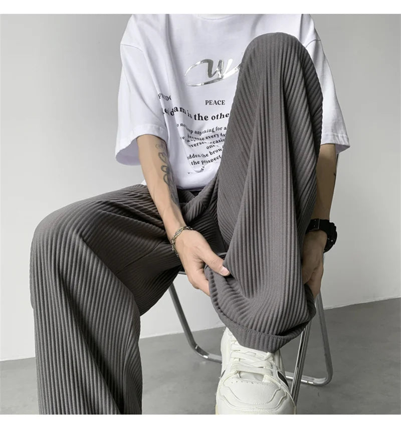 summer texture straight pants for men korean fashion baggy wide leg trousers casual drape pleated striped y2k pantalones hombre unique default style 482