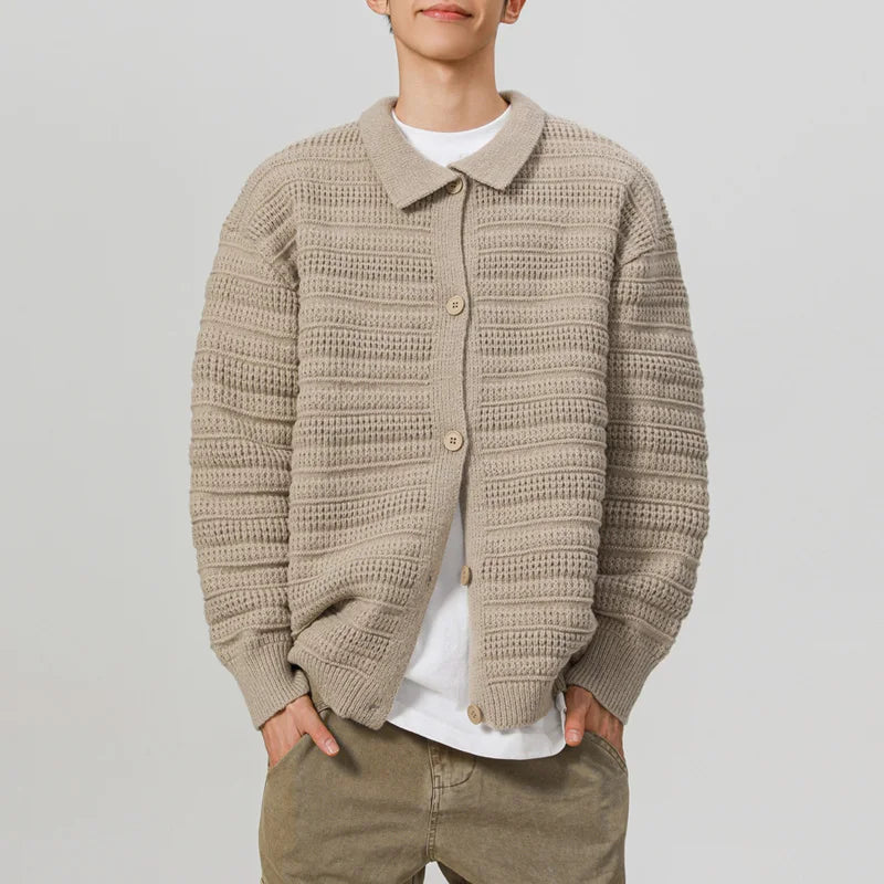 men streetwear fashion loose casual retro stripe knitted sweater cardigan jacket autumn knitwear jumper coat outerwear clean everyday pants