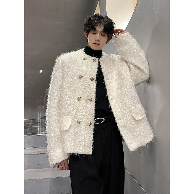 men double breasted french streetwear retro fashion loose casual tassels woolen short jacket man korean coat outerwear techwear shorts