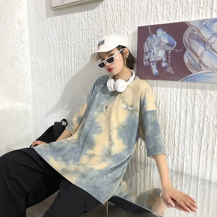Summer national trend hip-hop tie-dye short-sleevedstyle Korean version ins loose couple's five-point half-sleeved T-shirt top Street King Limited