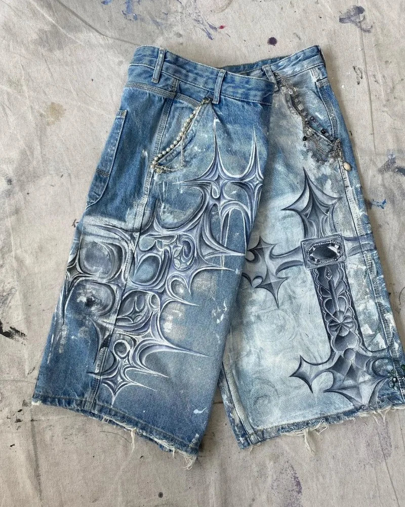y2k american street retro graffiti anime print oversized denim shorts men shorts high waist fashion loose casual wide leg pants unique jeans style 3359