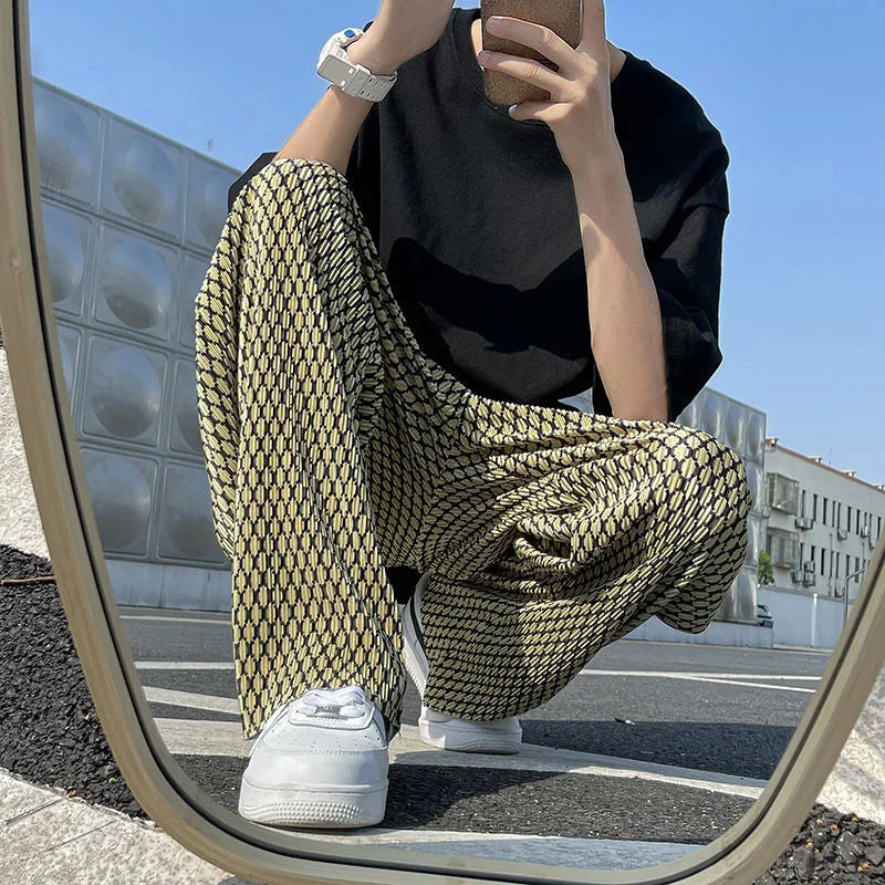 Summer Pleated Pants Men Fashion Casual Plaid Pants Men Streetwear Korean Loose Straight Ice Silk Pants Mens Plus Size Trousers Street King Limited