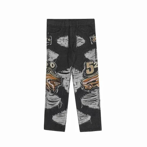 fashion embroidery destroyed ripped tassel holes denim jean pants mens casual loose straight jeans hip hop streetwear joggers unique joggers style 3323