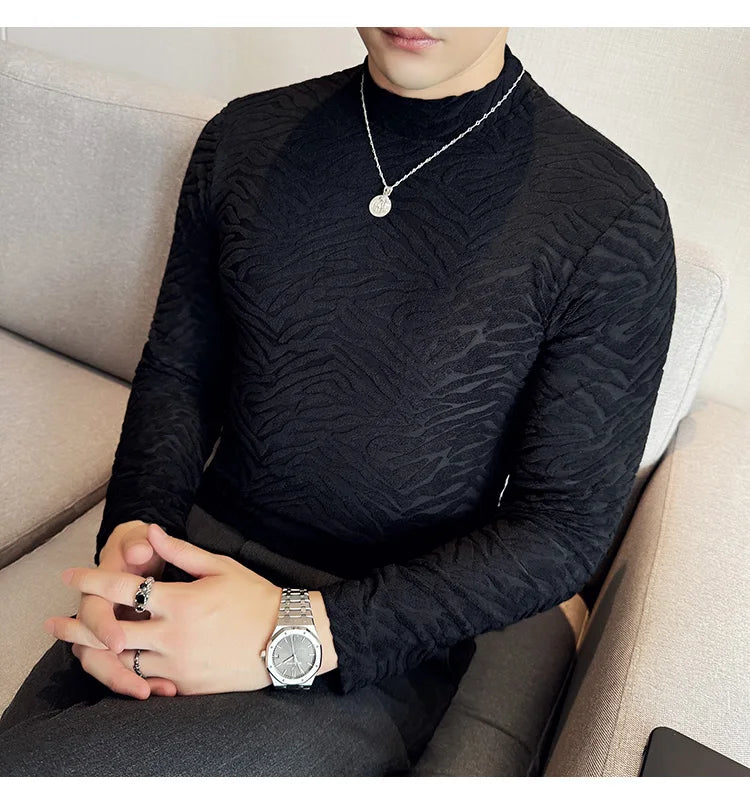 Semi-turtleneck Stretch Slim Fit T Shirt Men Long Sleeve Thicken Velvet Tiger-pattern Bottom T-shirt Business Casual Tshirt Street King Limited