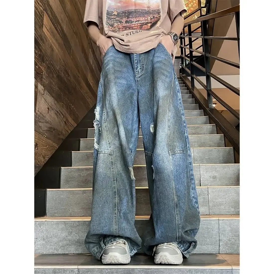 american style dirty and torn hole design straight leg wide leg jeans for men and women high street loose street casual pants denim street jeans