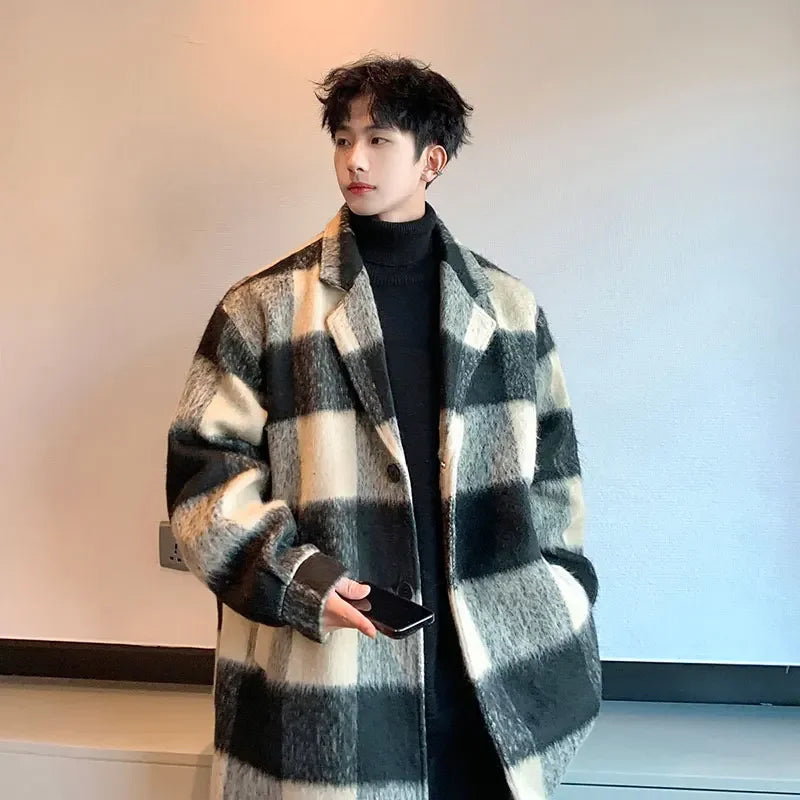 plaid woolen trenchcoat men autumn winter fashion retro streetwear suit collar loose casual trendy trench coat outerwear unique default style 1180