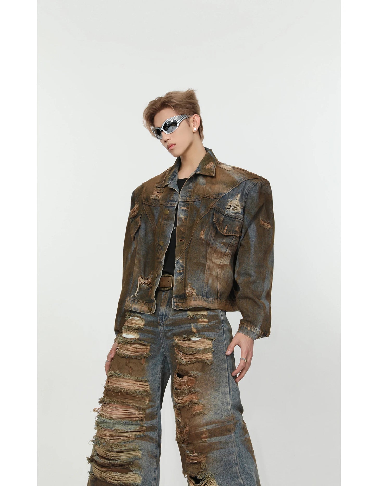 2 pieces sets mens dirty graffiti wide shouder denim jeans jacket coat and ripped holes wide legs pants joggers streetwear sets unique joggers style 3543