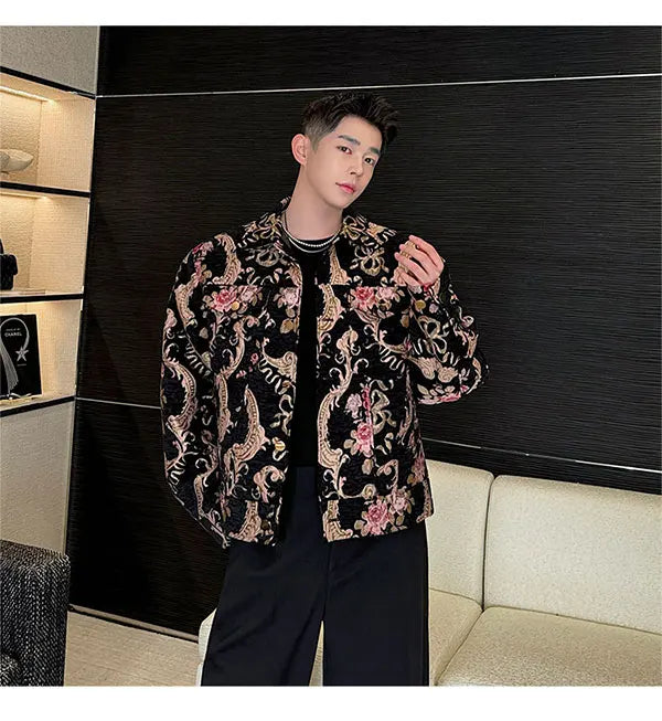 men palace style retro jacquard flower fashion show loose jacket man party dress vintage coat costumes spring autumn clothes unique default style 1239