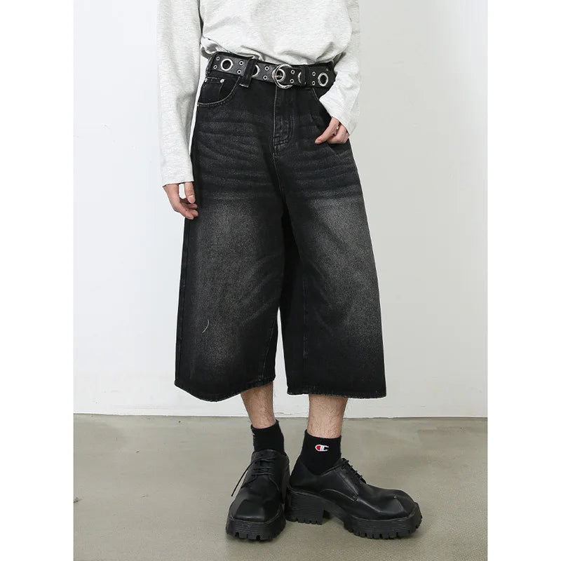 men summer streetwear fashion loose casual wide leg denim calf length jeans pants male vintage jeans baggy hosen pants denim street jeans