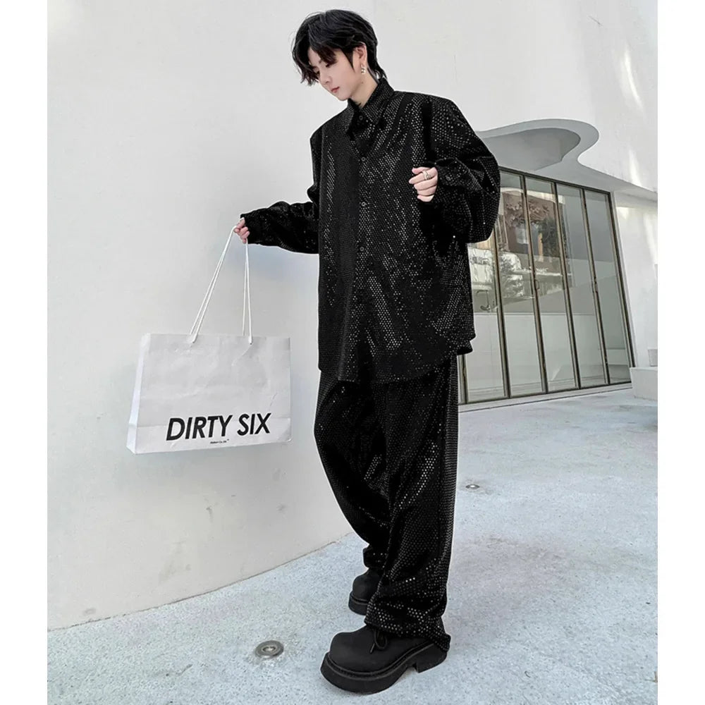 mens sequin 2 piece sets loose casual long sleeve shirt pant stage fashion party show clothing dress shirts trousers costumes unique default style 2776