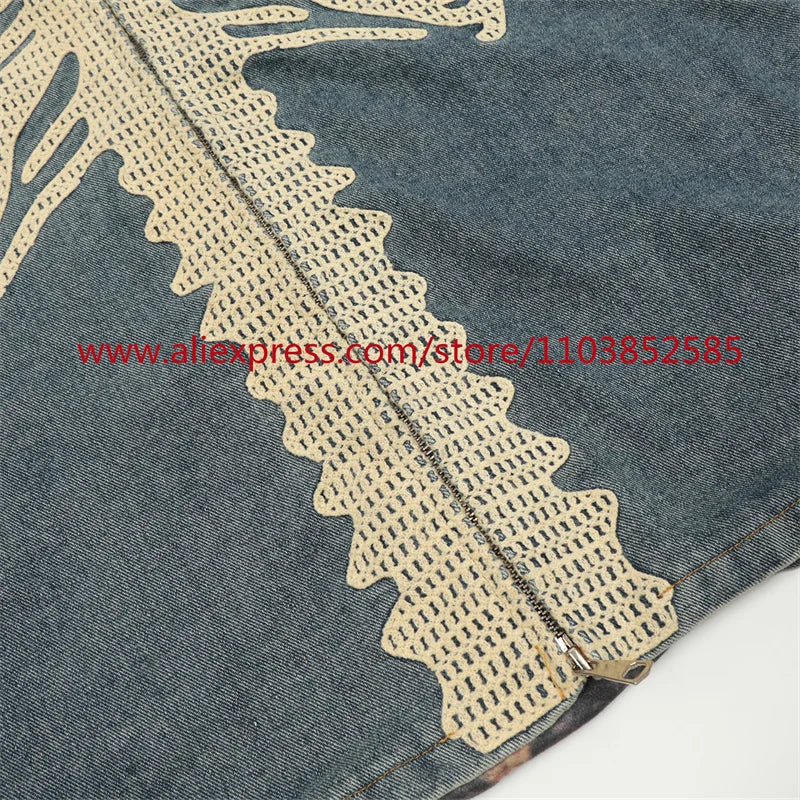 vintage mens long sleeved denim jacket high street oversized washed bone embedding tops clothing autumn winter 2024 heavyweight unique jeans style 1337
