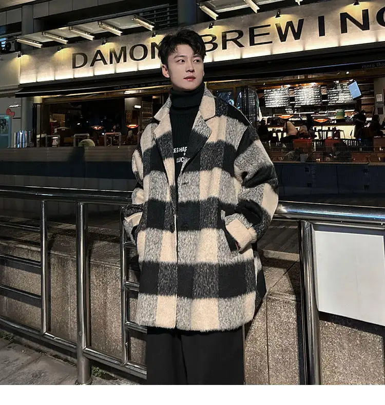 plaid woolen trenchcoat men autumn winter fashion retro streetwear suit collar loose casual trendy trench coat outerwear unique default style 1183
