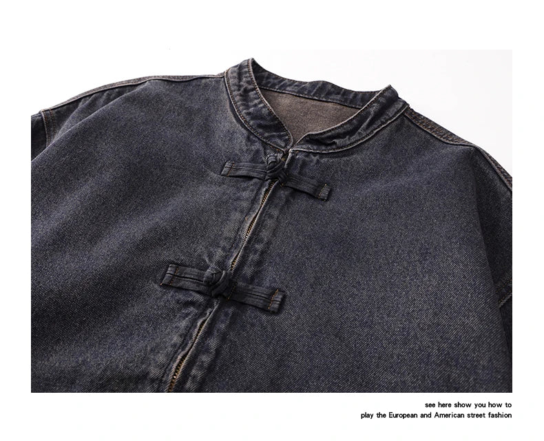 men spring autumn streetwear fashion retro loose casual plus size stand collar denim jacket man jeans coat outerwear unique jeans style 909
