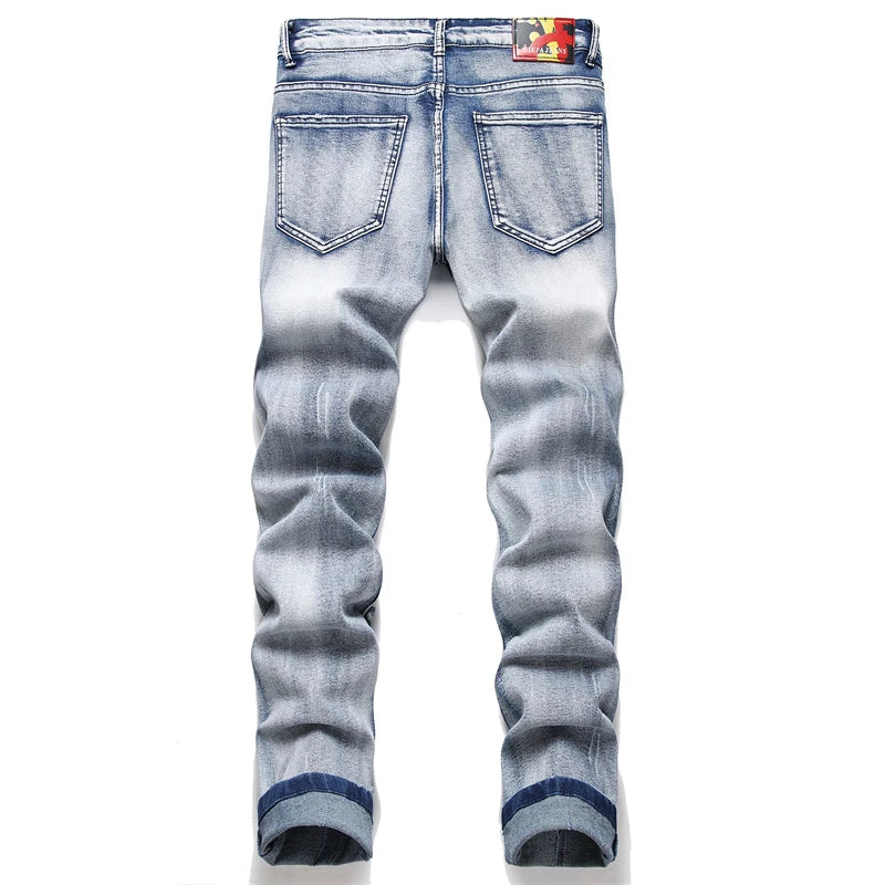fashion skull graffiti jeans lightning printed denim pants mens distressed biker jeans streetwear slim hip hop pants joggers unique joggers style 4819