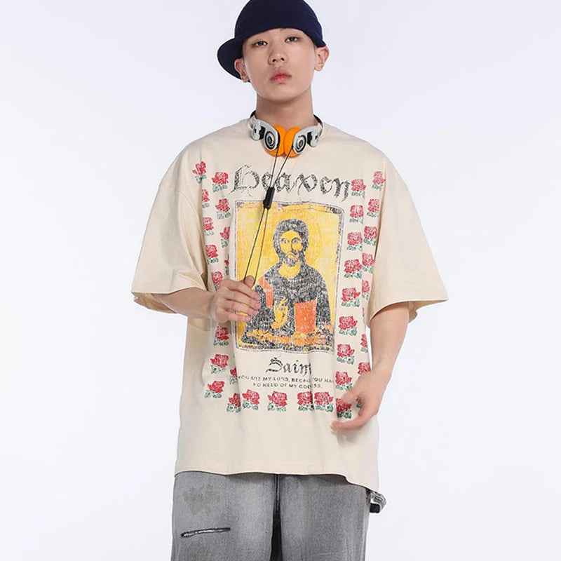 SAINT T-shirts Men Woman New Rose Portrait Printing O-Neck Short Sleeve Summer Loose Lovers Top Tees Street King Limited