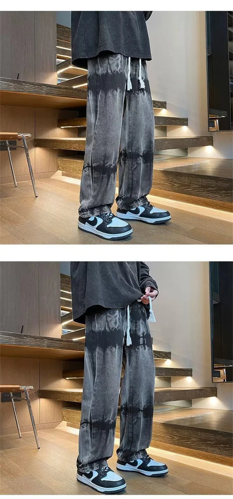 2025 new tie dye retro drawstring jeans for men baggy high street straight pants hip hop fashion casual y2k jean hombre pantalon unique jeans style 855