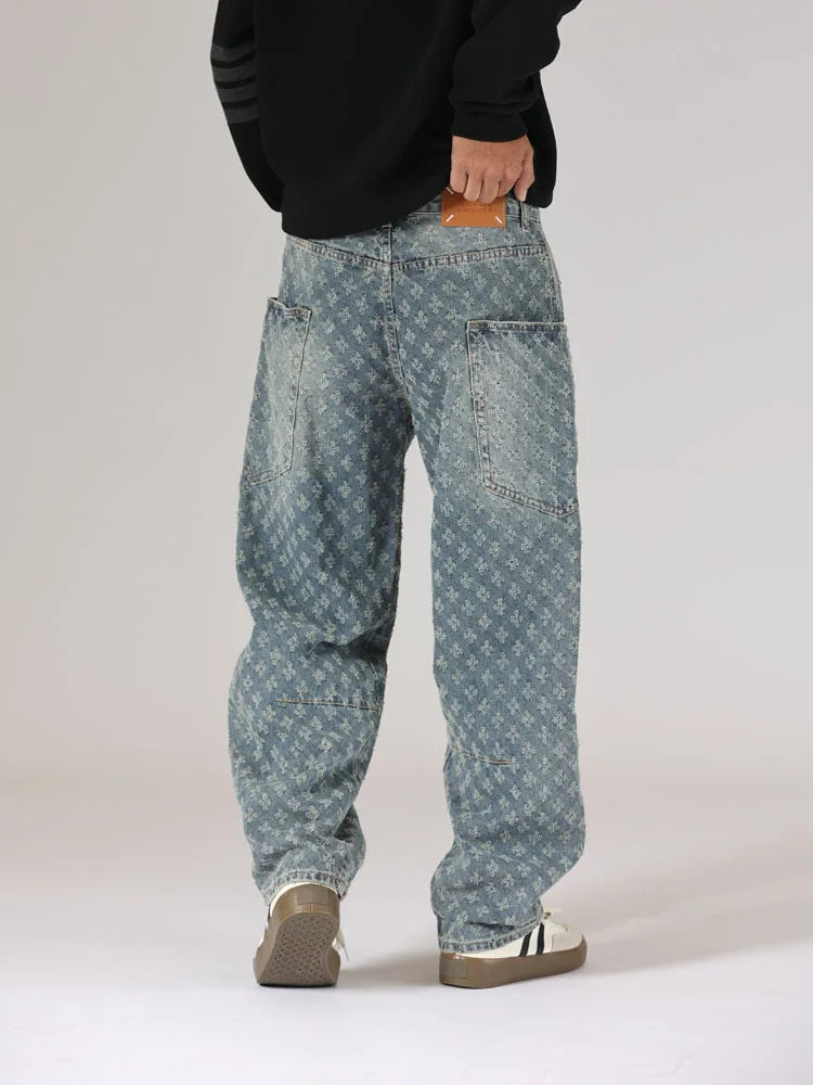 men brand fashion loose casual splice pocket jacquard vintage wide leg baggy jeans cityboy denim baggy jeans pants trousers unique jeans style 2854