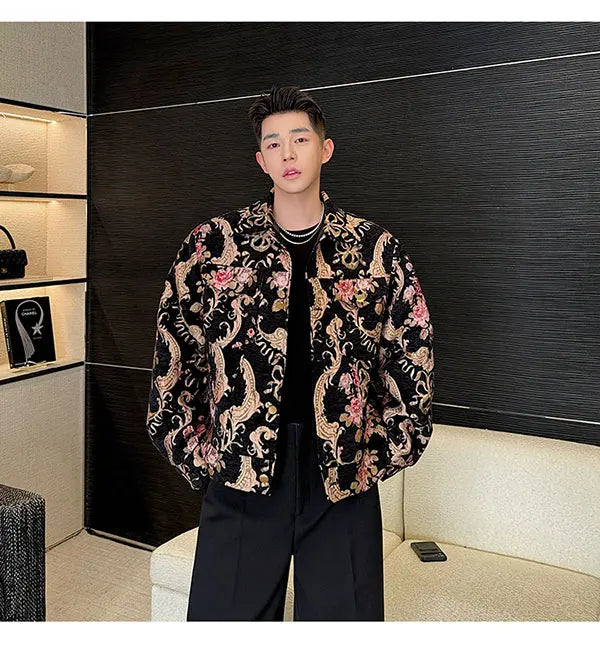 men palace style retro jacquard flower fashion show loose jacket man party dress vintage coat costumes spring autumn clothes unique default style 1235