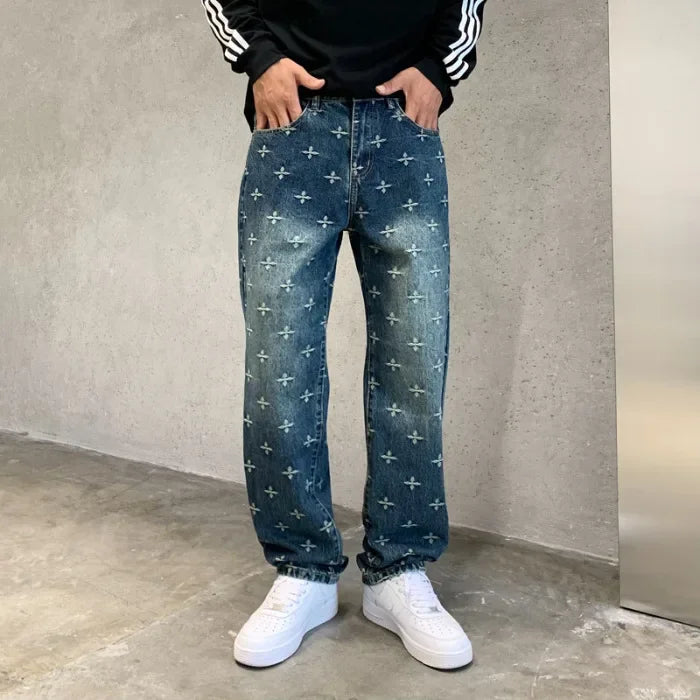 autumn winter new trendy brand jacquard jeans men high street hiphop casual fashion loose denim jeans pants boyfriend trousers unique jeans style 2839