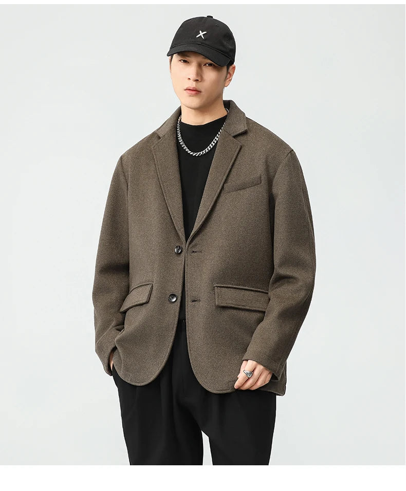 autumn winter men business casual fashion retro woolen thick blazer jacket korean streetwear plus size suit coat outerwear unique default style 1344