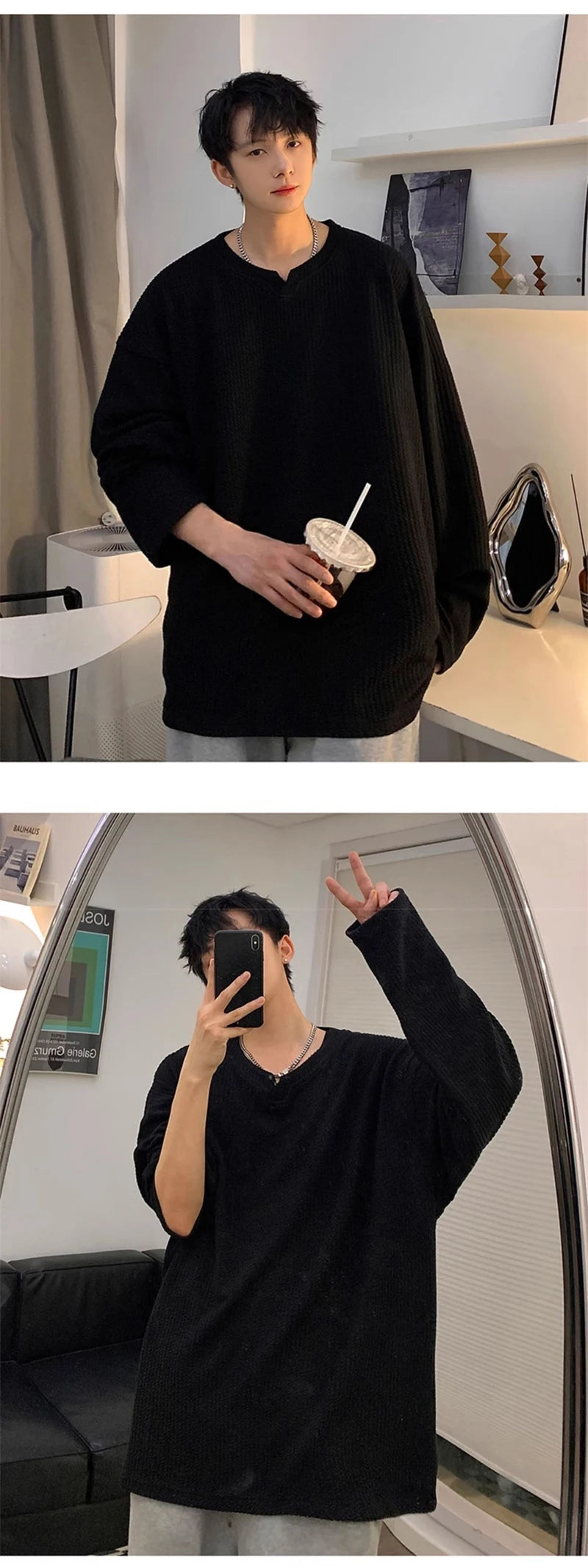 Autumn Men's V-neck Long Sleeve T-shirts New Solid Color Jacquard Waffle Pullover Tops High Street Fashion Breathable Tee Shirts Street King Limited