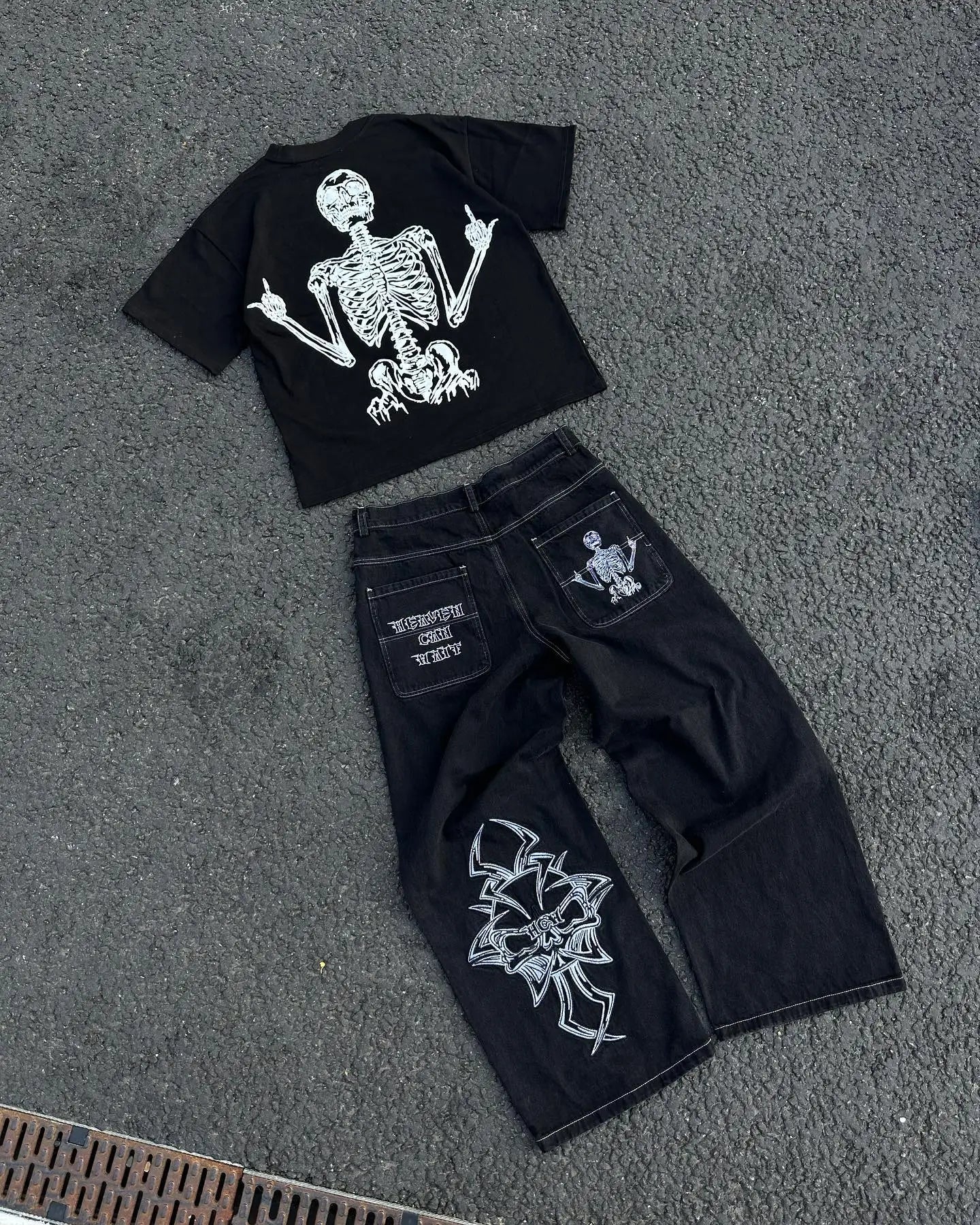 Y2K Retro American Personality Design Fashionable Loose Straight Jeans Men Street Hip-hop Harajuku All-match Floor Mopping Pants Street King Limited