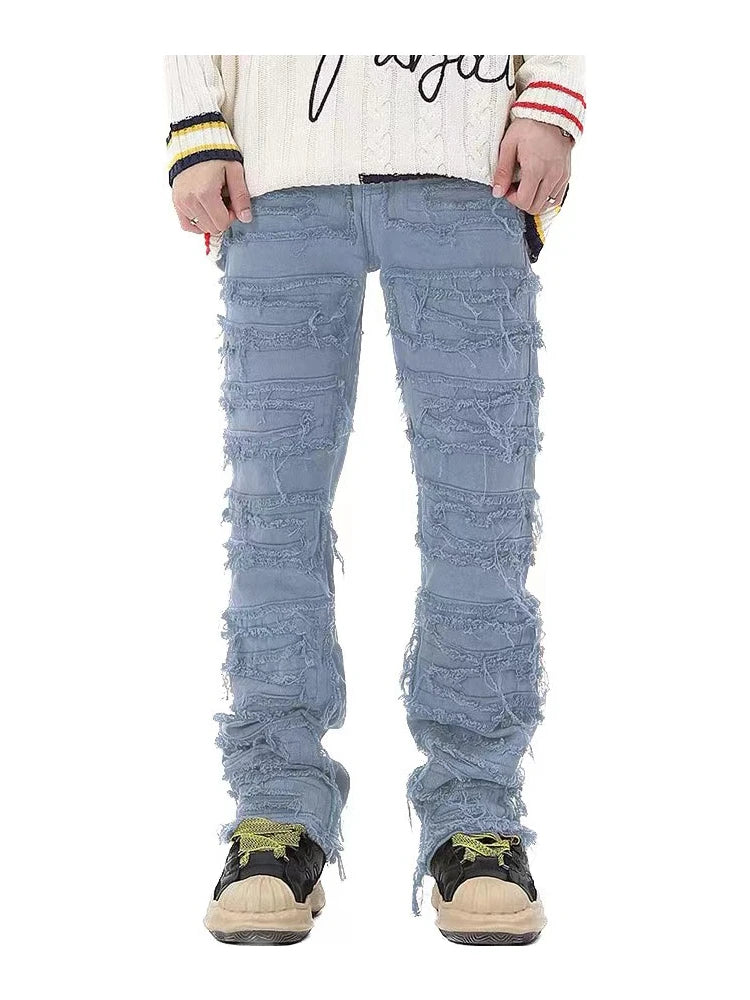 tassel hole spliced european and american straight leg denim pants new popular patch jeans mens wear unique jeans style 296