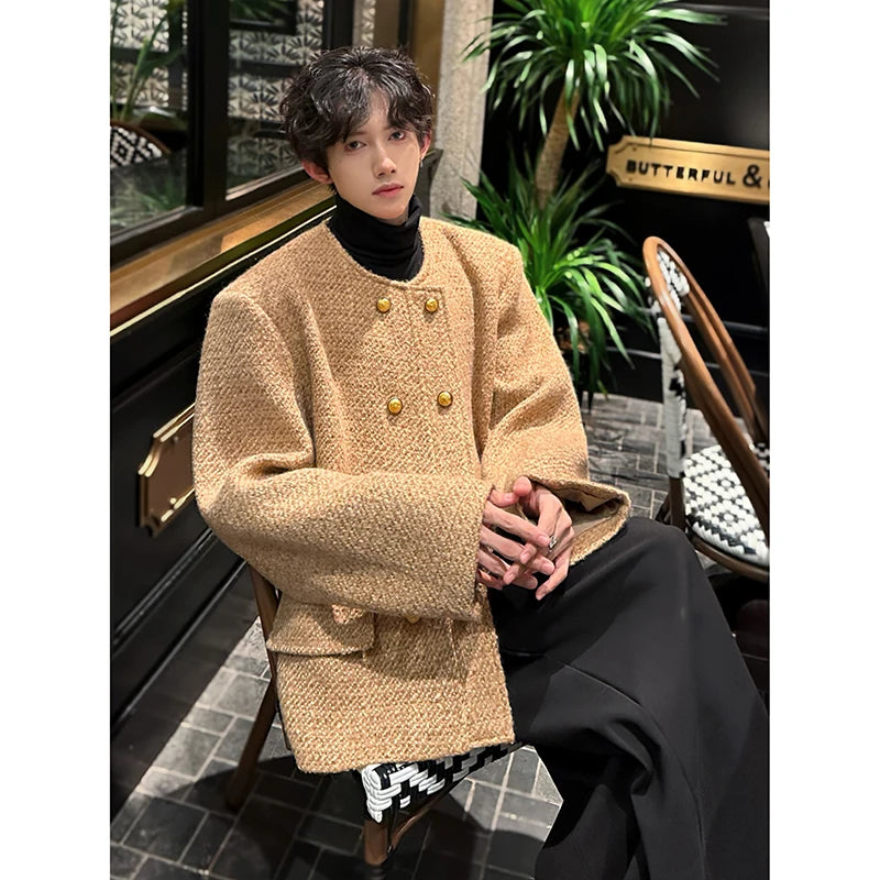 men double breasted french retro loose casual woolen short jacket man korean streetwear show fashion coat autumn outerwear unique shorts style 1330