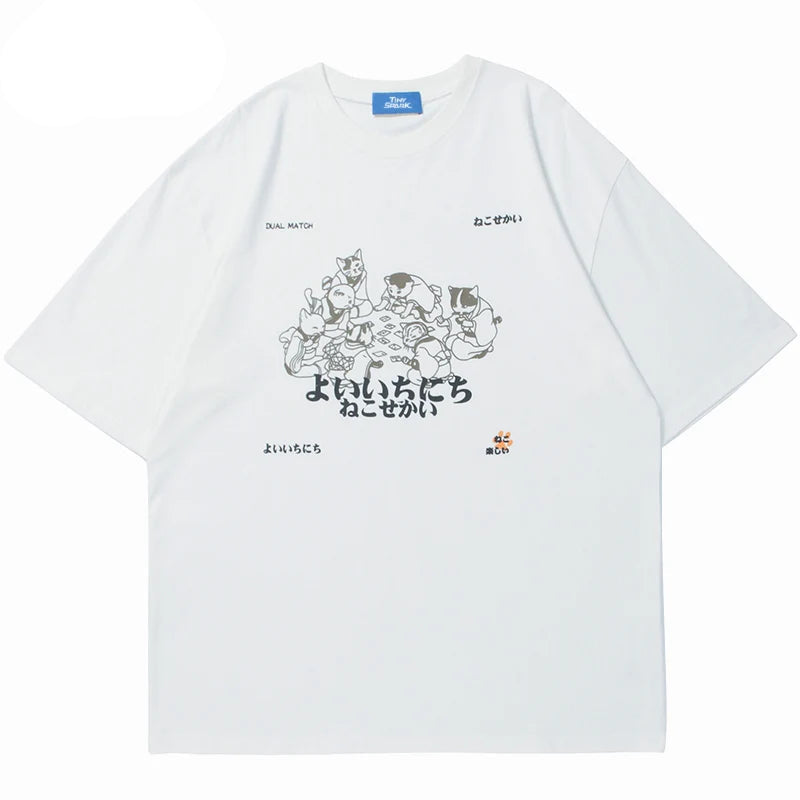 Hip Hop Men Streetwear T Shirt Japanese Kanji Animals Print T-Shirt 2023 Harajuku Cotton Casual Summer Short Sleeve Tshirt White Street King Limited