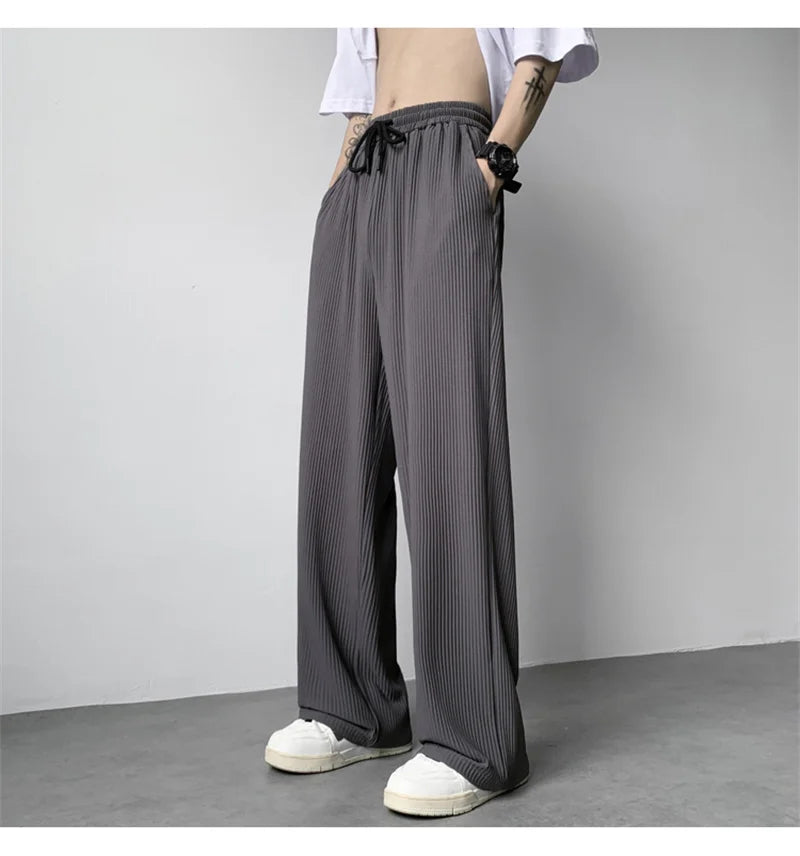 summer texture straight pants for men korean fashion baggy wide leg trousers casual drape pleated striped y2k pantalones hombre unique default style 481