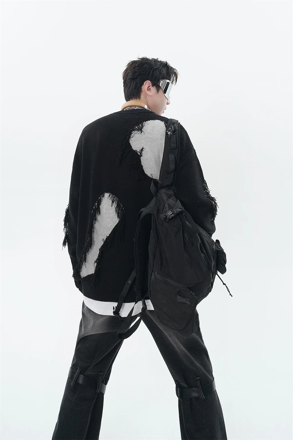 Mens Knitted Sweater Fashion Tassel Irregular Block Pullovers Casual O-neck Unisex Harajuku Y2k Streetwear Loose Knit Jumpers Street King Limited