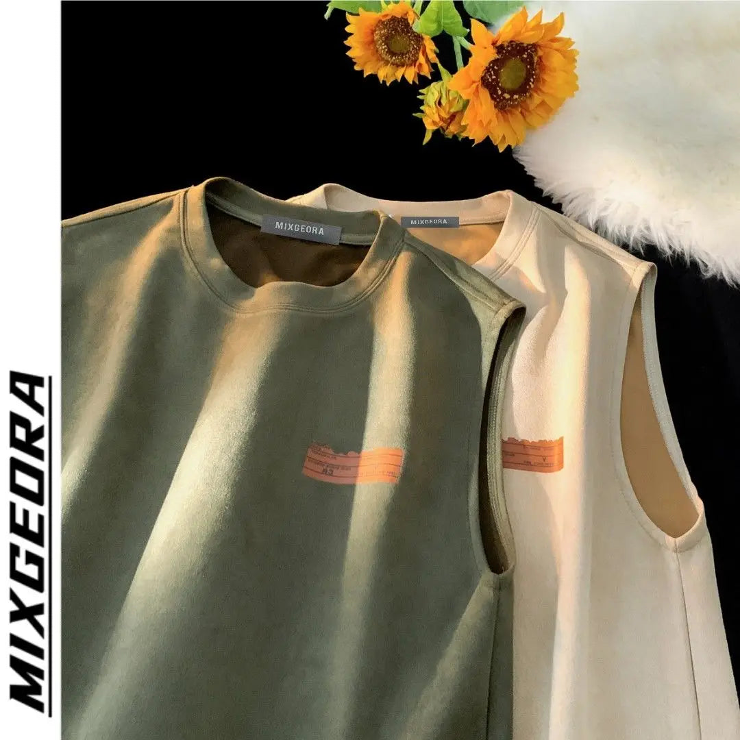American sleeveless t-shirt vest men's trendy summer outer wear heavy suede ins loose waistcoat top men clothing mens t shirts Street King Limited