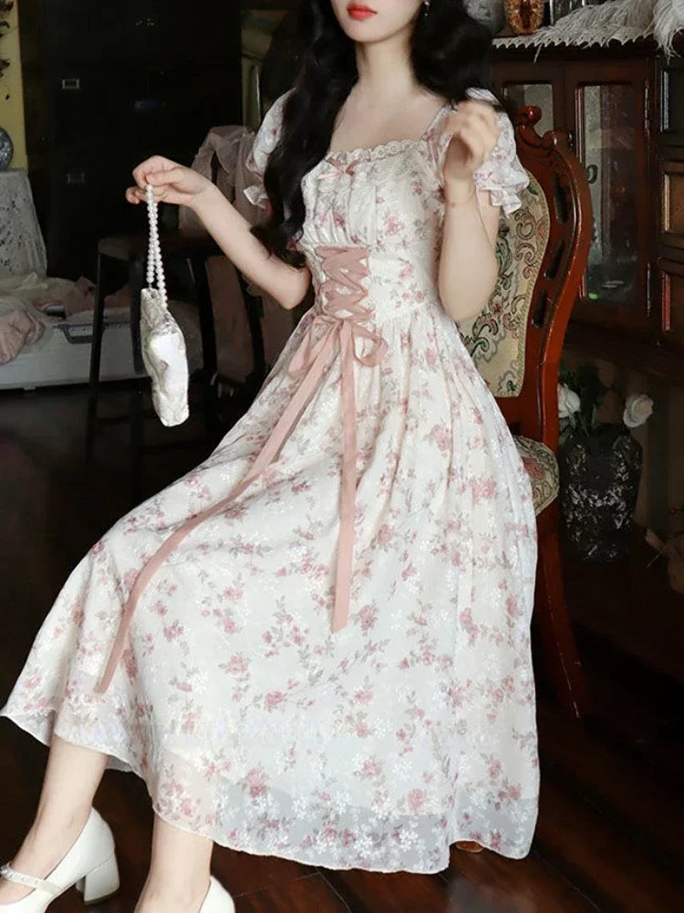 Summer Dress Y2k Floral Puff Sleeve Dress for Woman Robe Sexy Lace Up Side Split Chic Mid-Calf Aesthetic Dress Sexy Bodycon Robe Street King Limited