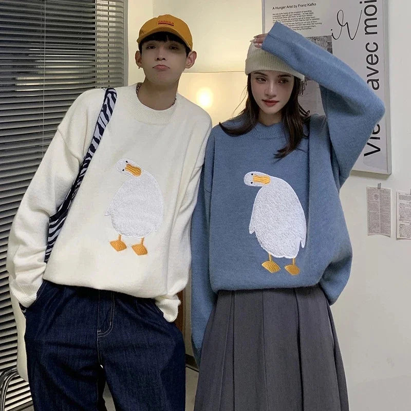 Men Harajuku Sweater Cartoon Duck Goose Embroidery Knitted Pullover Japanese College Style O-Neck Jumper Unisex Spring Autunm Street King Limited