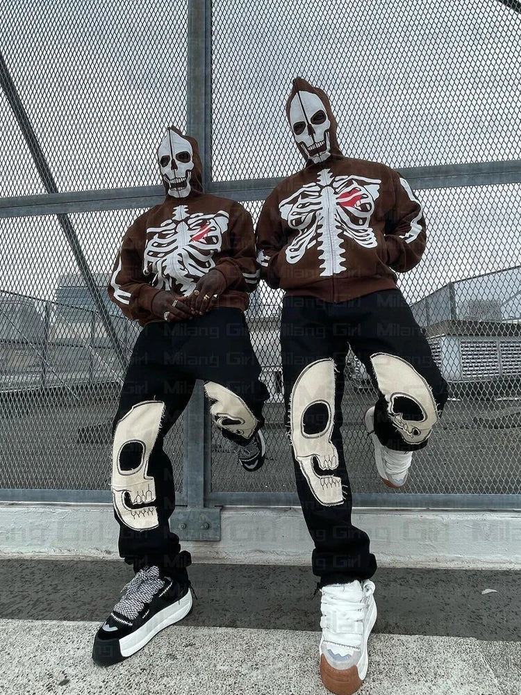 Men Gothic Skeleton Graphic Hoodies zip up Harajuku Punk Fashion clothing Sweatshirt Zipper Oversized Streetwear Style Jacket Street King Limited