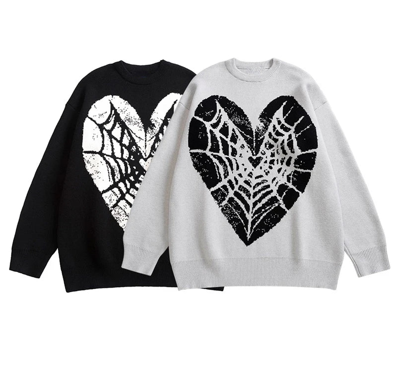 Hip Hop Knitted Sweater Men Winter O-neck Anime Spider Web Pattern Pullover Streetwear Casual Loose Sweater Warm Jumper Knitwear Street King Limited