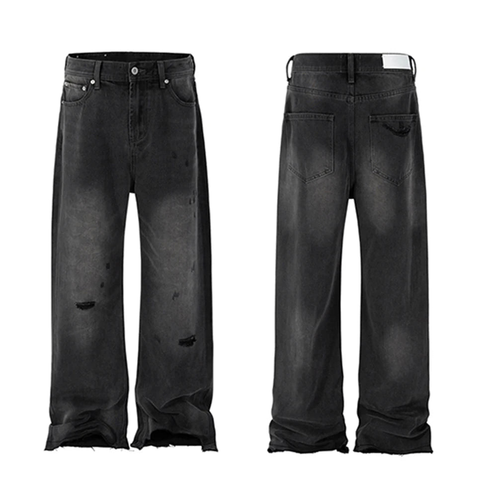 vintage washed hole damaged jeans pants for men streetwear y2k ripped black denim trousers pantalones hombre baggy cargos unique cargo style 3526