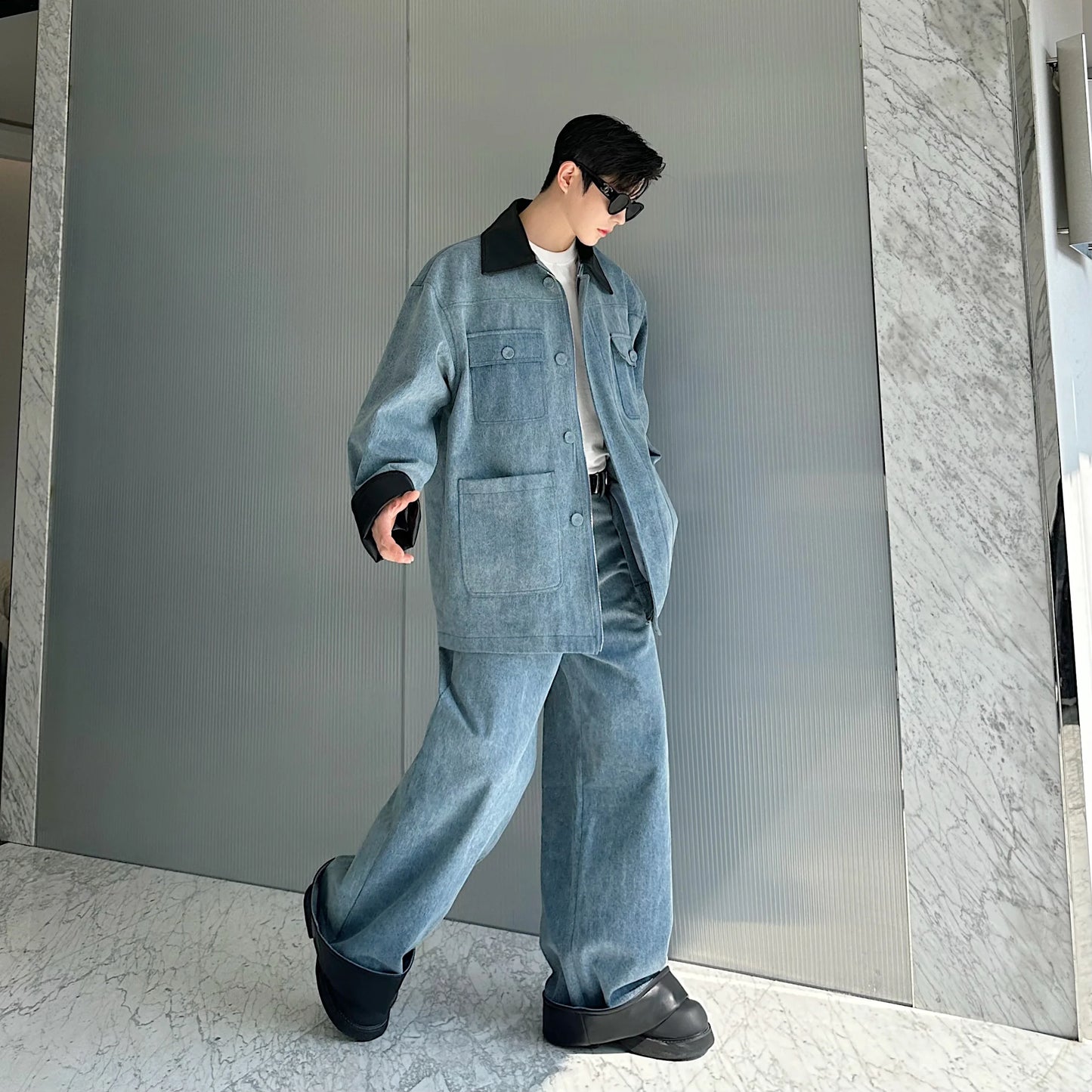 fashion show suits men streetwear washed denim splice loose casual jacket wide leg jeans pants 2 piece sets coat trousers suits unique jeans style 2632
